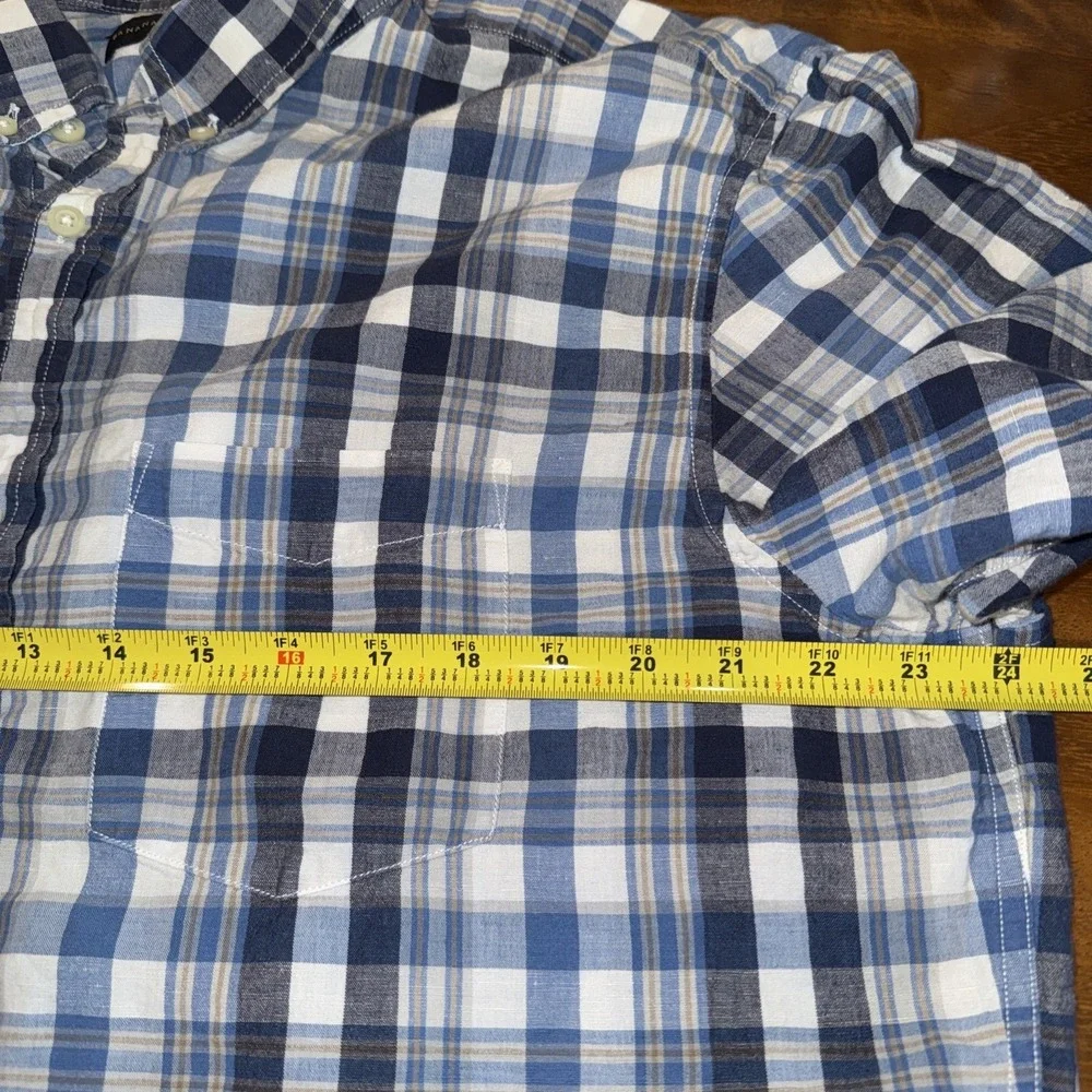 Banana Republic Shirt Men XL Tall Blue Cream Plaid Check Linen Blend Button Down